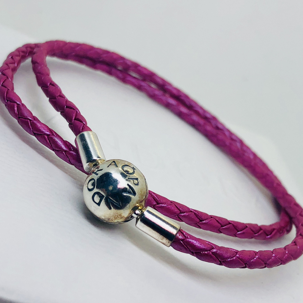 PANDORA Double Braided Leather Pink Bracelet, 19cm - Picture 2 of 8